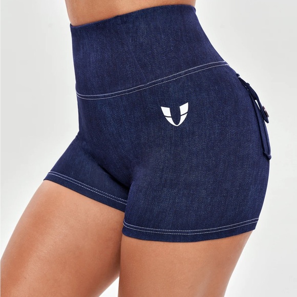 Firmabs High Waist Denim Blue Gym Athletic Workout Cargo Shorts - Picture 6 of 9